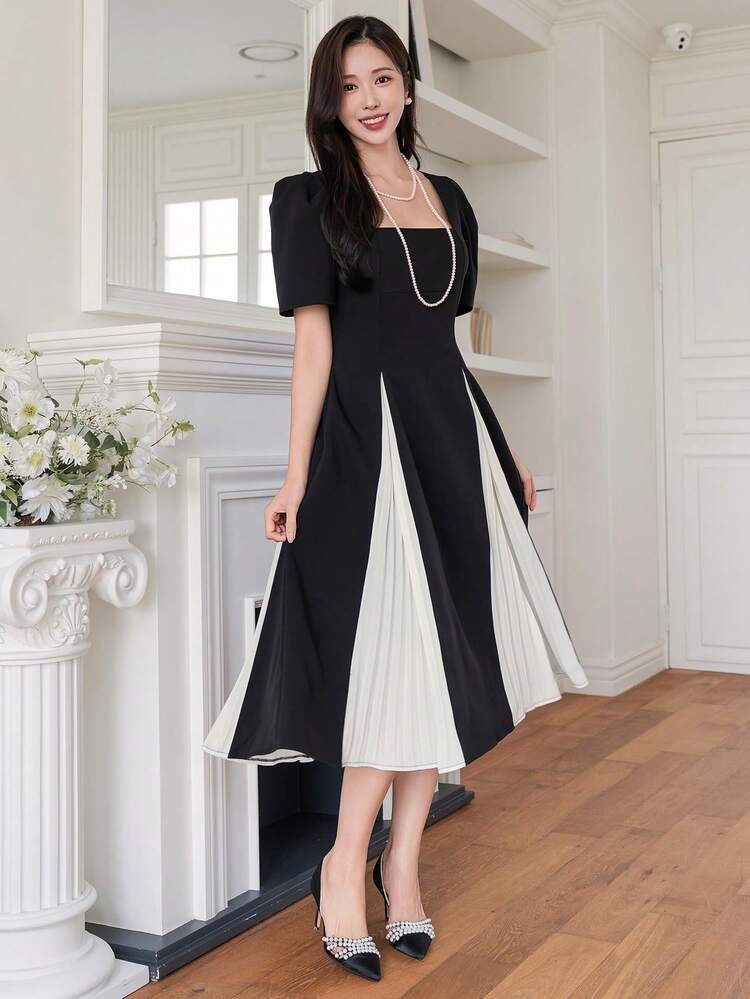 Women's Square Neck Bubble Hem Short Sleeve Patchwork Dress