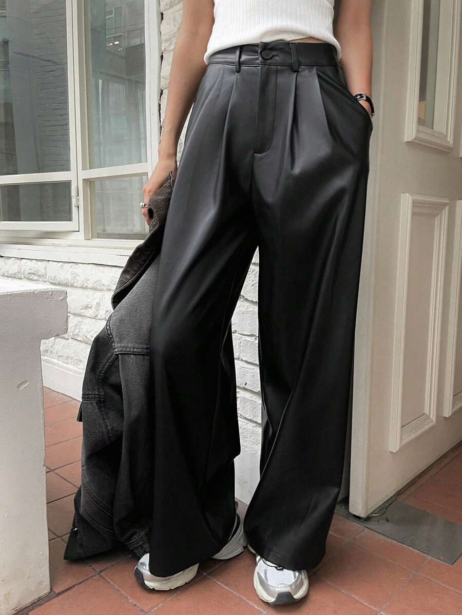 DAZY 女士纯色PU阔腿裤皮裤 - 黑色 - 查看 1