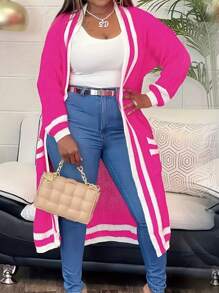 大码拼色条纹长款开衫，春秋季休闲款