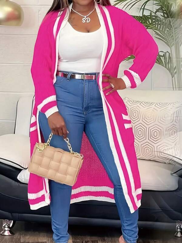 Plus Size Color Block Striped Long Cardigan, Casual For Spring & Autumn