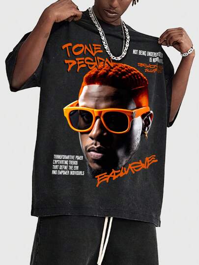 Maglietta da uomo a maniche corte con scollo rotondo e stampa di caratteri, per uso casual quotidiano, scuola