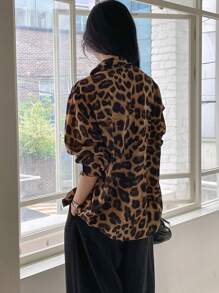 DAZY 女士翻领豹纹前扣长袖衬衫、长袖上衣、秋装 - 棕色 - 查看 3