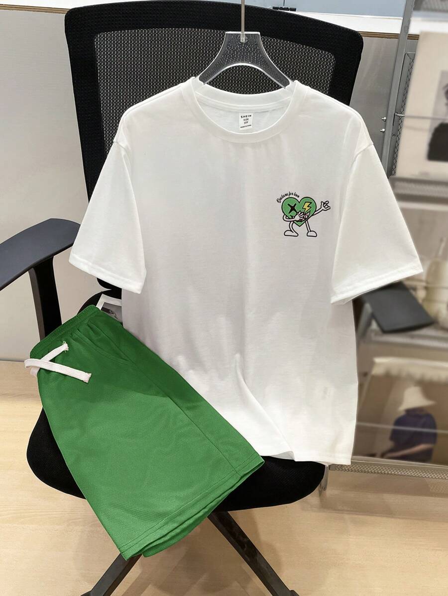 SHEIN Tween Boy's Korean Cute Casual Printed Round Neck Short Sleeve T-Shirt And Solid Color Knitted Shorts Set - Green - View 1
