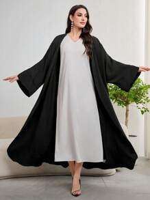 Al Najma 女士纯色简约日常朴素长袖阿拉伯长袍 - 黑色 - 查看 4