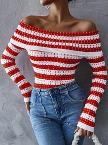 SHEIN Essnce Women's Striped Print Off Shoulder Long Sleeve Knitted Sweater - Red and White - View 4