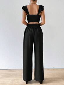 SHEIN Clasi Bộ áo crop top cổ chữ V màu trơn viền ren và quần dài có cà vạt phía trước - màu đen - Xem 2
