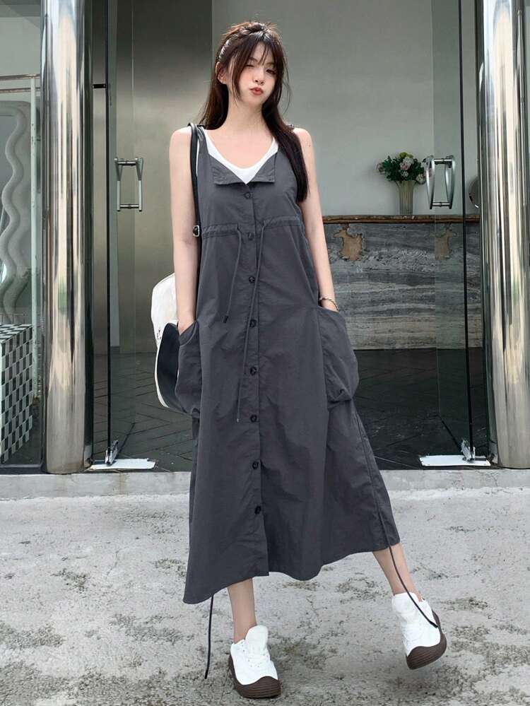 Women's Summer Solid Color Strappy Overall Dress With Button Down And Side Pockets Sundress,Casual Women Dresses