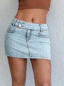 EURMUSE Button-Front Shift Denim Mini Skirt - Light Wash - View 4