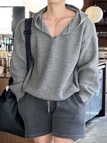 DAZY 男士纯色灰色毛衣连帽衫，秋季 - 灰色 - 查看 7