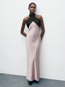 Maija 女士交叉领口开衩黑色和粉色拼色连衣裙，优雅合身的春夏季节日派对装，适合情人节 - 粉色 - 查看 1