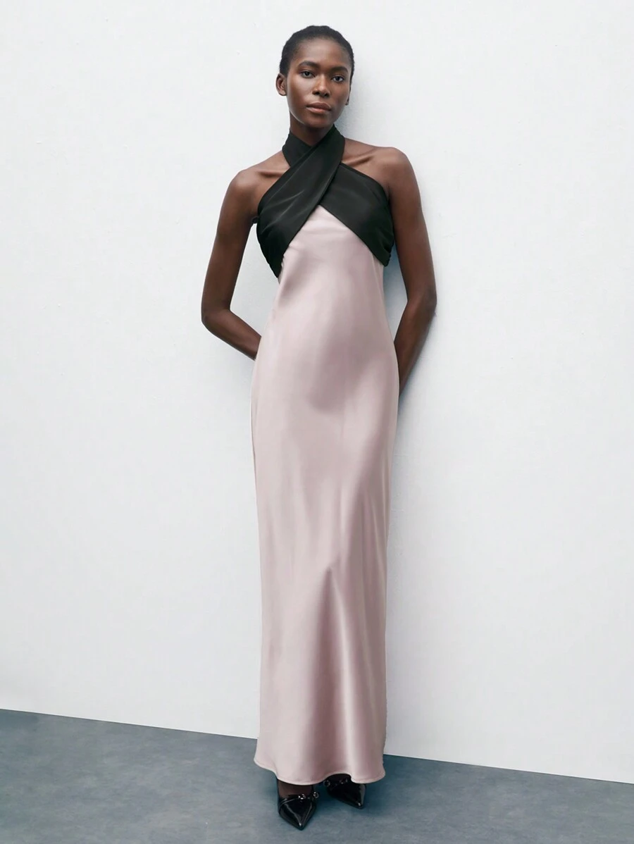 Maija 女士交叉领口开衩黑色和粉色拼色连衣裙，优雅合身的春夏季节日派对装，适合情人节 - 粉色 - 查看 1