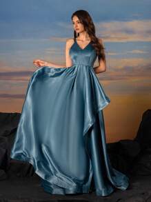 Sleek Satin V-Neck Fishbone Pleats With Asymmetrical Ruffle Trim, Elegant Fit And Flare Gown Dress Party Dress Wedding Guest Dress Formal Dress Evening Dress