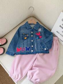 SHEIN Young Girls Cartoon Graphic Denim-Effect Print Jacket For Spring & Autumn - Blue - View 1