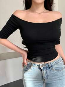 DAZY Women's Solid Color Ruched Off Shoulder Casual Mid-Sleeve T-Shirt Summer Going Out Tops Women - Black - View 1