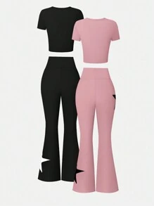 Lunelith SHEIN Lunessa Set de dos piezas de camiseta de manga corta en unicolor casual de verano y pantalones acampanados con estampado de pentágono