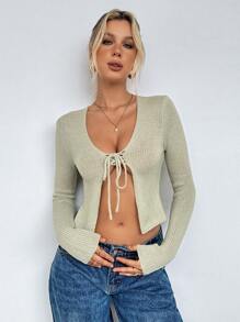 SHEIN Unity Y2K 性感女式系带毛衣开衫 - 綠色 - 查看 1