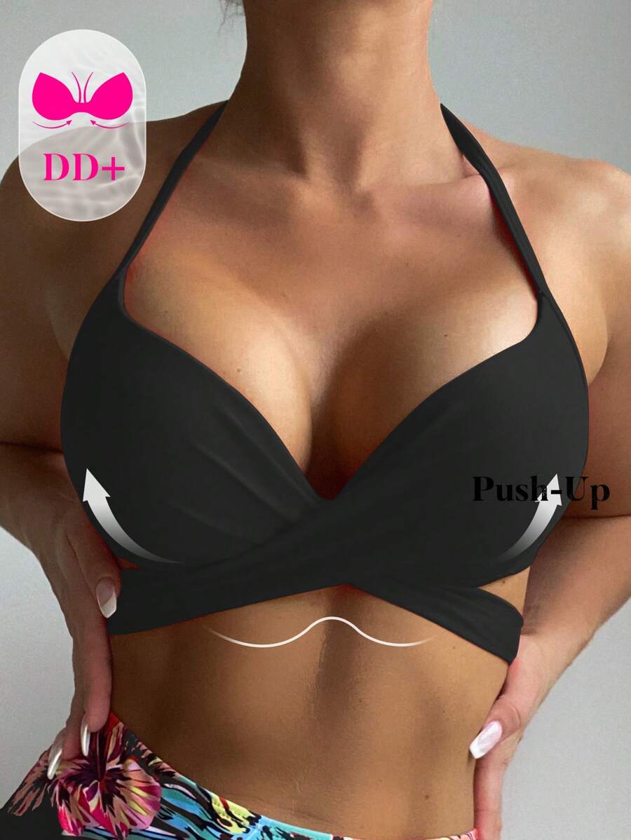 Voyashape 女士夏季海灘褶皺颈部露背比基尼上衣 - 黑色 - 查看 1