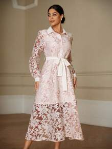Aveloria Rosie Vestido de manga larga con cuello de parche, cintura ceñida, textura de tela floral con recortes, diseño elegante y exquisito