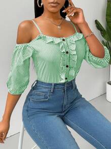 SHEIN Clasi Women's Striped Printed Simple Daily Shirt - Green - View 3