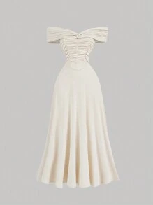 SHEIN MOD 無肩扭轉腰部拉皺杏色洋裝 - 杏色 - 查看 1