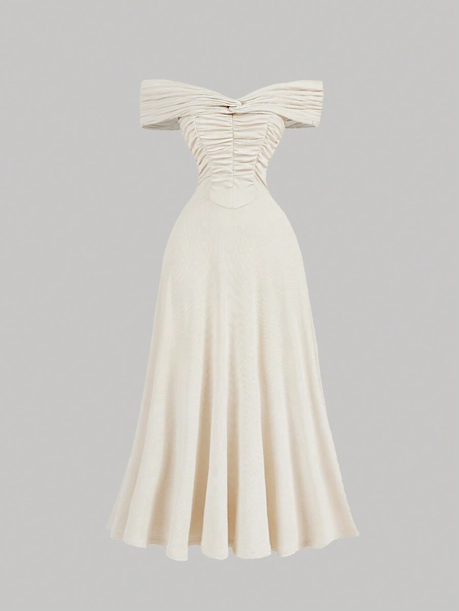 SHEIN MOD 無肩扭轉腰部拉皺杏色洋裝 - 杏色 - 查看 1