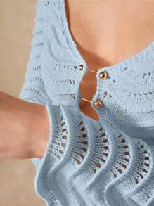 Solid Color Sexy Knitted Hollow Out Wave Flared Sleeve Beach Dress For Summer Beach Vacation - Blue - View 5