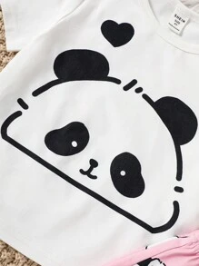 SHEIN 少女可愛熊圖案短袖上衣和直筒長褲針織阻燃舒適休閒睡衣套裝（2件）