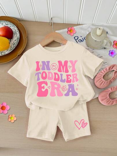 SHEIN Happikins 2pcs/Set Young Girl Casual Minimalist Pink Letter Print Short Sleeve T-Shirt And Shorts Suit For Summer
