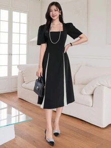 DAZY Vestido de mujer con cuello cuadrado, bajo con volumen y mangas cortas en patchwork - Negro - Ver 5