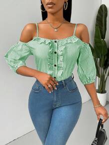 SHEIN Clasi Women's Striped Printed Simple Daily Shirt - Green - View 5