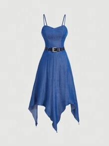 SHEIN MOD 牛仔效果不对称下摆吊带连衣裙（配腰带）、秋冬连衣裙、乡村连衣裙、女士复古服装、蓝色连衣裙、90 年代时尚 - 深色水洗藍 - 查看 1