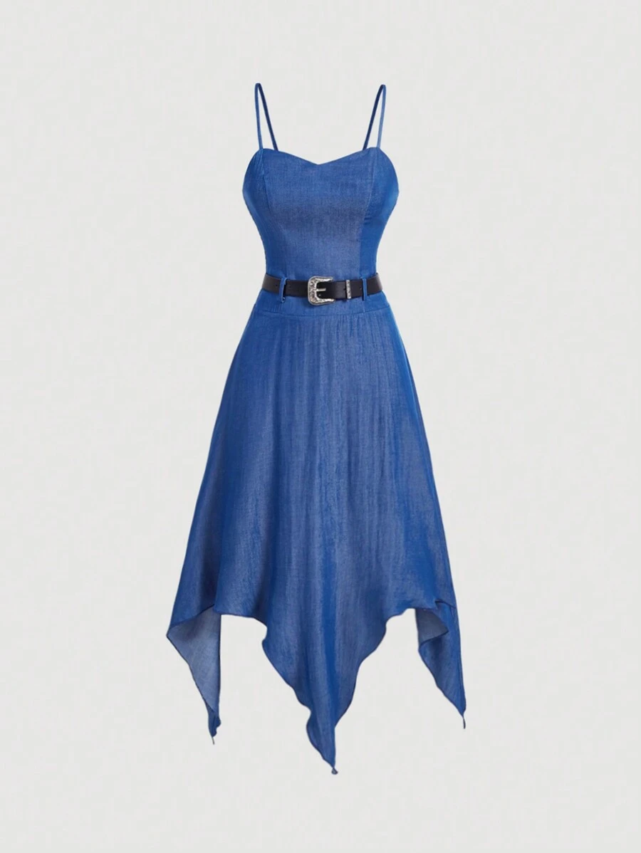 SHEIN MOD 牛仔效果不对称下摆吊带连衣裙（配腰带）、秋冬连衣裙、乡村连衣裙、女士复古服装、蓝色连衣裙、90 年代时尚 - 深色水洗藍 - 查看 1