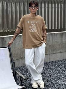 DAZY 男士夏季标语印花圆领短袖休闲T恤，图案T恤 - 卡其色 - 查看 7