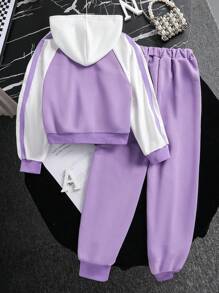 Tween 女童休闲拼色连帽运动衫和慢跑裤套装，春/秋 - 彩色 - 查看 2