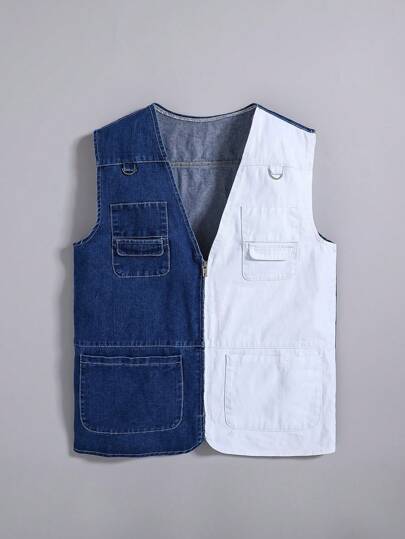 SHEIN Teen Boy Fashion Casual Loose And Comfortable All Match Color Contrast Cargo Pocket Design Sleeveless Denim Vest Jacket For Dailywear And Back To School Clothes
