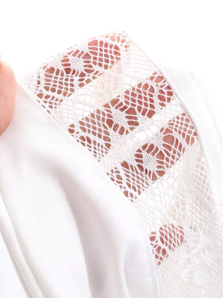 Solid Color Loose Long Sleeve Shirt With Lace Collar For Women