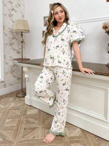 CottageSlumber Women's Plant Printed Top & Pants Pajama Set Holiday Season - Apricot - View 6