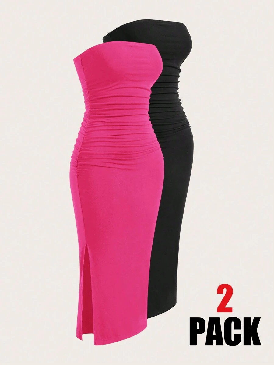 SHEIN EZwear 綜色手織女士無肩帶連身裙 - 玫紅色 - 查看 1