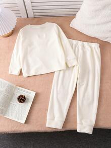 بدلة من قطعتين للفتيات الصغيرات بعمر الطفولة تحتوي على ملابس علوية بأكمام طويلة وبنطلون من القطن الناعم واسعي الساقين مزينة بأزهار مطرزة بتقنية 3D،ملابس منزلية مريحة وعصرية