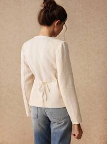 SHEIN Frenchy 女士优雅外套，正面带纽扣开合，春/秋装正式女士外套商务女士服装婚礼外套下摆开衩不对称下摆服装优雅外出上衣外套茶会服装纽扣外套 FW24 - 杏色 - 查看 3