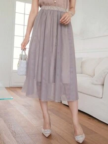 DAZY Váy chữ A bằng vải lưới màu trơn dành cho nữ, cạp chun. - Màu Khaki - Xem 6