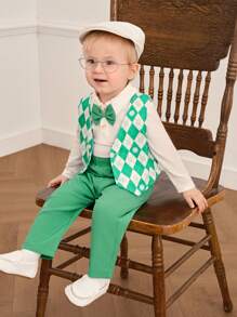SHEIN 3pcs/Set Baby Boys' Summer Plaid Vest Overalls With Hooded Bodysuit And Long Pants Gentleman Outfit - Green - View 3