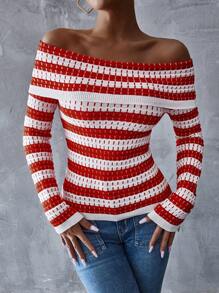 SHEIN Essnce Women's Striped Print Off Shoulder Long Sleeve Knitted Sweater - Red and White - View 6