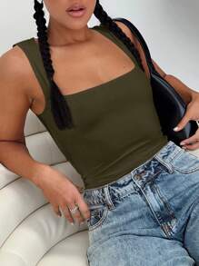 Ladies' Plain Double-Layer Pleated Square Collar Versatile Tank Top, Spring And Summer - Army Green - View 5