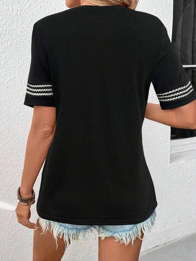 SHEIN LUNE Women's Summer Round Neck Short Sleeve Striped Casual T-Shirt