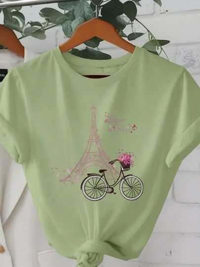 INAWLY Floral Eiffel Tower And Bicycle Print Women's Casual Round Neck Short Sleeve T-Shirt Graphic Tees Women Tops