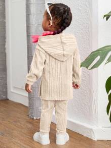 SHEIN Bộ quần và áo có mũ trùm đầu màu hồng dệt kim thông thường cho bé gái - Màu be - Xem 2