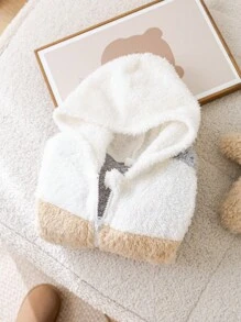 SHEIN 嬰兒男/女休閒可愛簡約色塊毛茸茸連帽外套，秋冬季 - 彩色 - 查看 14