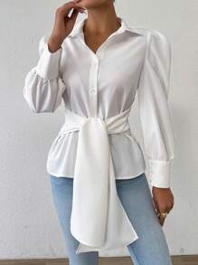 Chiquease Solid Color Front Buttoned Tie Long Sleeve Simple Top, Daily Casual Wear Fall Cloth For Women - White - View 6