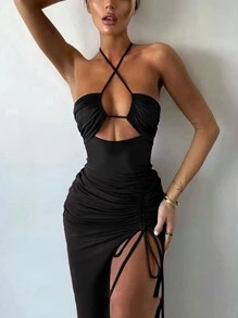 INAWLY Mùa hè gợi cảm màu đen cắt ra dây rút cổ dây rút váy xẻ cao - màu đen - Xem 4